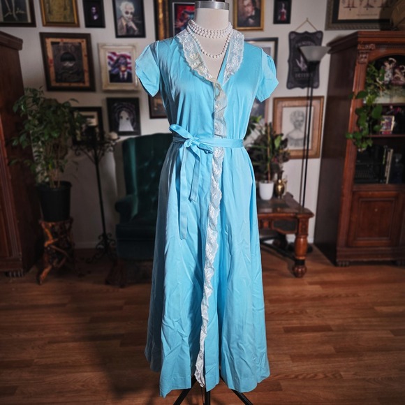 Vintage 70s Blue Dress Lace Trim Maxi Short Sleeve Wrap Housecoat Belted - Picture 2 of 8